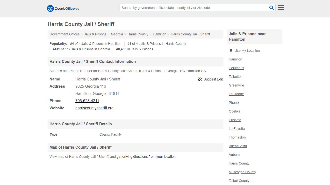 Harris County Jail / Sheriff - Hamilton, GA (Address and Phone)